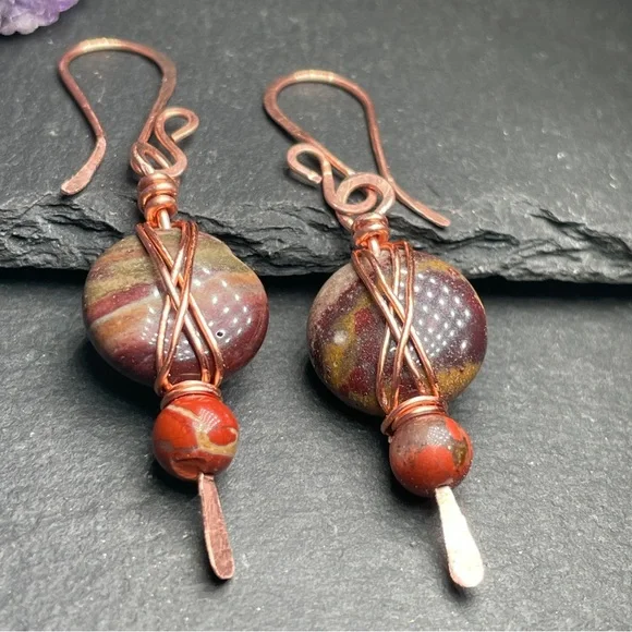 Artisan Copper and Earthy Agate and Jasper Stone Earrings - Picture 12 of 14